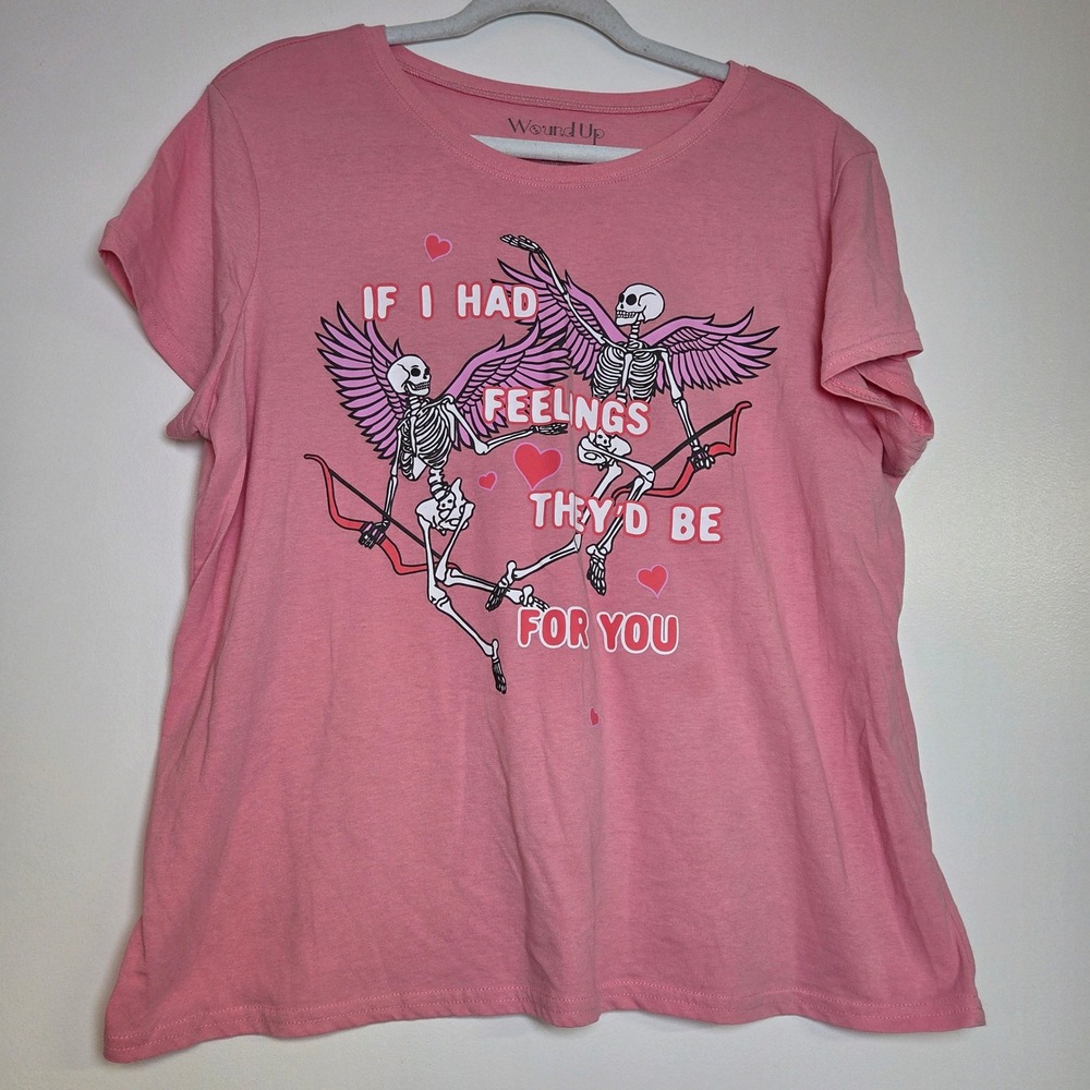 Wound Up Womens XXXL Pink Skeleton Cupid Graphic Tee If I Had Feelings For You